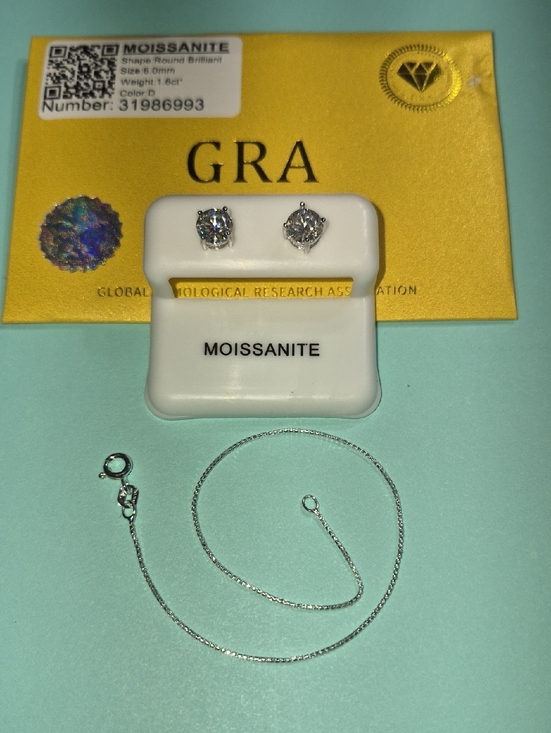 Jewelry - Moissanite Stud Earrings with Silver Chain Bracelet - Sparkling White